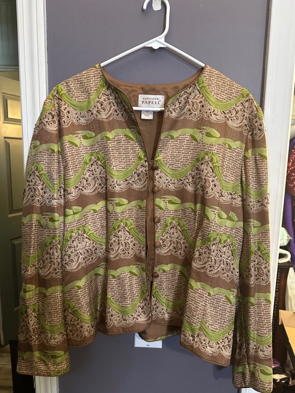 Adrianna Papell Brown and Lime Green Patterned Jacket